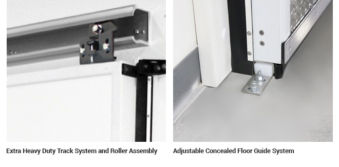 A sliding low temperature track system and floor guide system